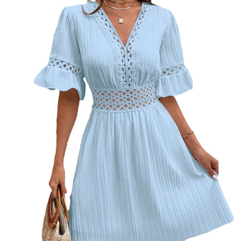 Spleißen spitze mode V-ausschnitt taille einfarbig kleid m300990 