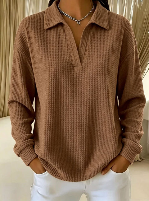 Waffle Lapel Long Sleeve Polo Top m303214