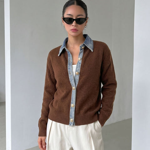 Fake two-piece lapel knitted cardigan autumn and winter loose women's long-sleeved top FF303348