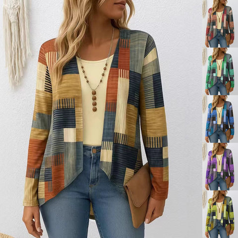 Casual Crew Neck Long Sleeve Cardigan Digital Printing Women's T-Shirt FF303113