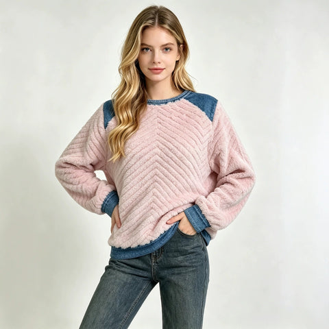 Herringbone embossed plush sweater spliced fake two-piece loose pullover top FF303354