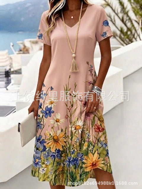 Printed women's v-neck short-sleeved temperament fashion dress m303046