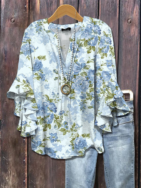 Creative floral element printing digital printing casual trend V-neck lotus edge horn T-shirt m302747