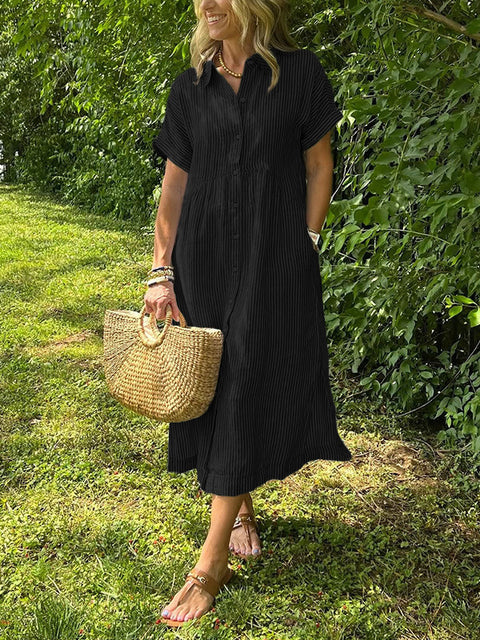 Loose large size striped short-sleeved shirt dress women's summer new casual cotton and linen medium and long skirt m302066