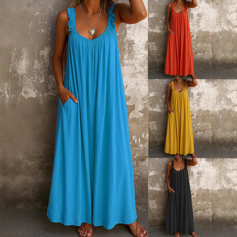 Lässiges, plissiertes, mehrfarbiges Damenkleid mit Hosenträgern und U-Ausschnitt, m301443 