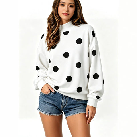 Polka dot print loose pullover sweater long sleeve casual versatile top m303221