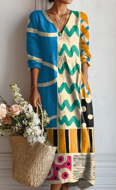 Women's loose V-neck fashion high-end long-sleeved printed collar dress m302766