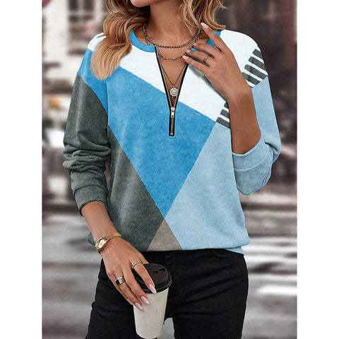Herbst und Winter farblich passender, lockerer Pullover mit Reißverschluss und langen Ärmeln und V-Ausschnitt m300608 