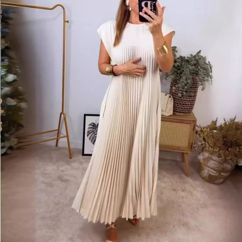 Robe plissée sans manches à col rond tendance m301308 
