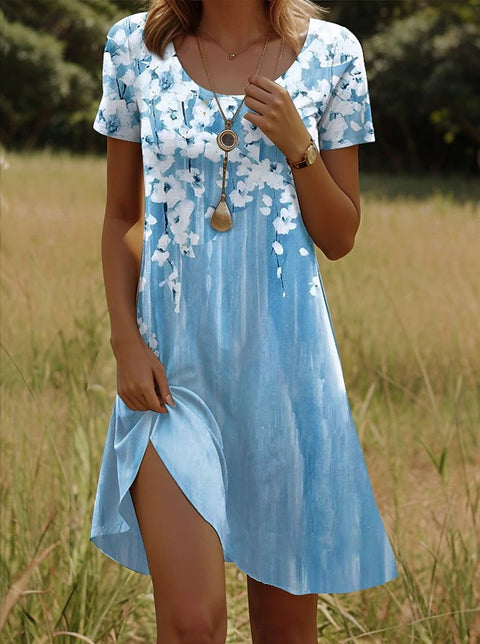 Versatile polka dot flower short-sleeved round neck medium and long skirt m302614