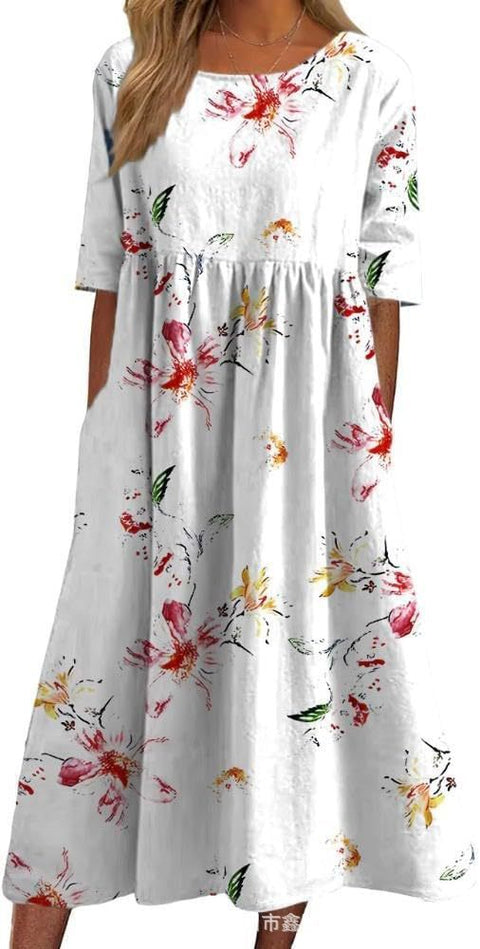 Damen Casual Rundhals Pullover Kurzarm 3D Druck Plissee Taille Swing Langes Kleid m301299 