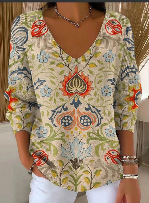 Shoulder V-neck long-sleeved autumn leaf 3D digital printing women's top FF303401