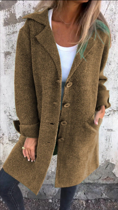 Damen einfarbig Revers mit Tasche Strickjacke einreihig mittellanger und langer Mantel m300614 
