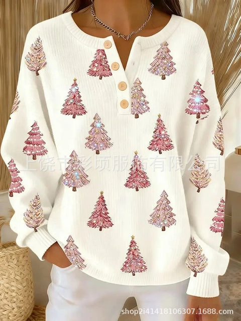 New Christmas sweater casual print cute button-up women's top FF303407