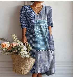 Women's loose V-neck fashion high-end long-sleeved printed collar dress m302766