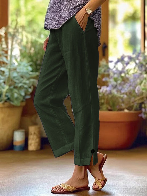 Lose, einfarbige, elastische Taillentasche aus Baumwolle und Leinen für Damen, gerade Freizeithose m301424 