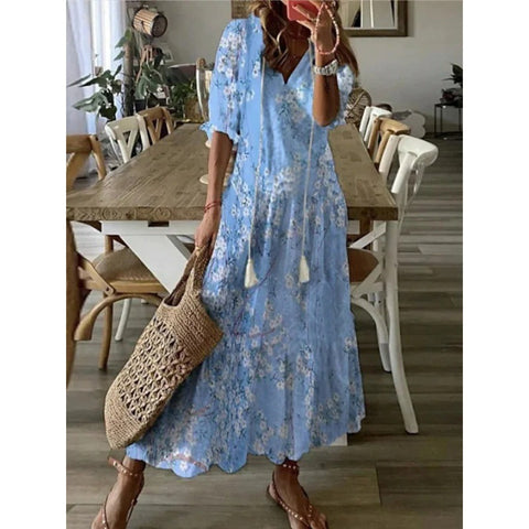 Kurzärmliges Maxikleid in A-Linie mit Blumenmuster und V-Ausschnitt m161507780 