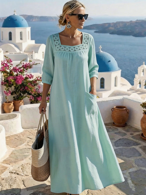 Casual square collar 7-point sleeve washed cotton solid color women's dress m303165