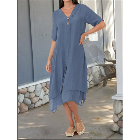 Woven cotton and linen double-layer split V-neck literary dress m301247