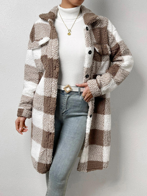 Offene Revers-Plüsch-Karojacke mit lockerem Temperament, Pendler-Langmantel für Damen m300360 