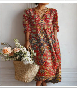 Women's loose V-neck fashion high-end long-sleeved printed collar dress m302766