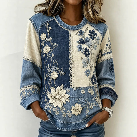 Floral Element Crew Neck Shoulder Splicing Denim Sweater FF303272
