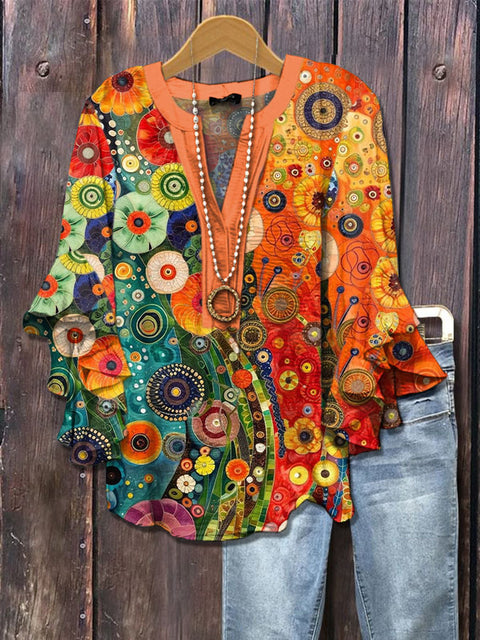 Creative floral element printing digital printing casual trend V-neck lotus edge horn T-shirt m302747