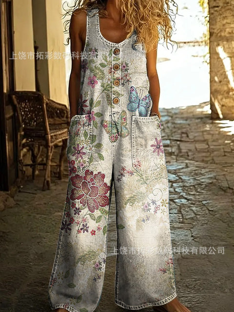 Retro trend wide-leg pants overalls women's sleeveless imitation denim m302436