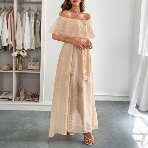 Robe longue élégante à manches courtes et col rond pour femme, style tube, taille haute, m301405 