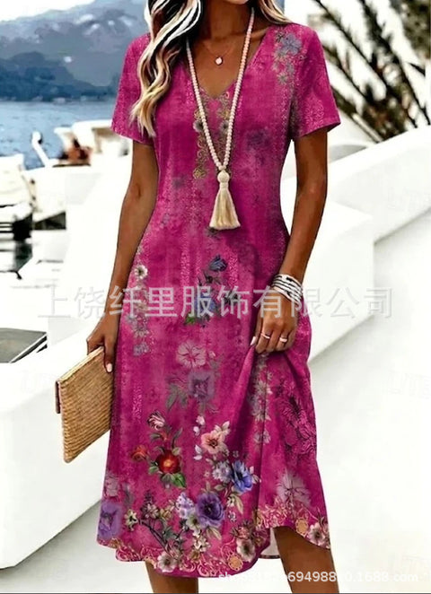 Printed women's v-neck short-sleeved temperament fashion dress m303046