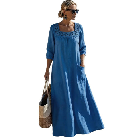Casual square collar 7-point sleeve washed cotton solid color women's dress m303165