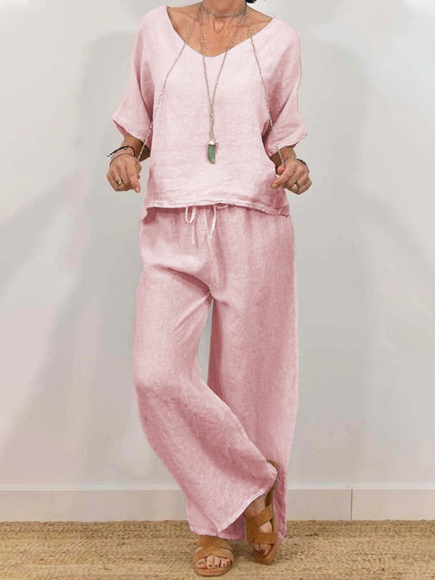 Lässiger V-Ausschnitt-Pullover mit Fünfviertelärmeln und Hose, mehrfarbig, zweiteiliges Damen-Set m301430 