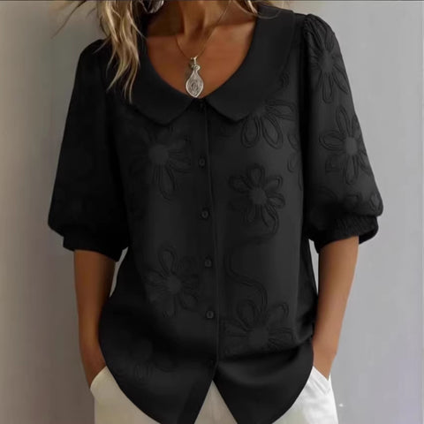 Loose Casual Vintage Button Embroidered Floral Medium Sleeve Shirt m302432