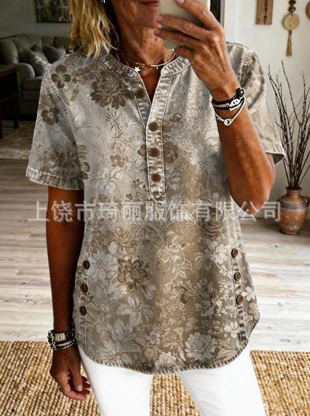 Women's Floral Print V-Neck Casual Women's Short Sleeve Top FF303332