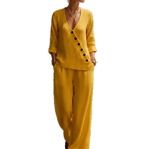 Temperament loose V-neck diagonal button-down shirt wide-leg pants two-piece set m302397