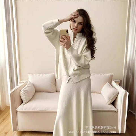Loose knitted suit women's autumn and winter new zipper cardigan sweater + fishtail skirt m301789