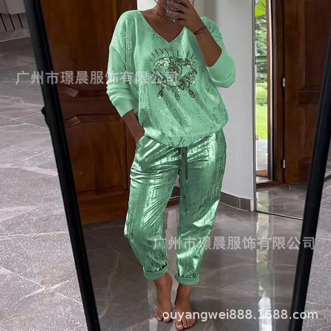 Women's Long Sleeve Printed Top Pants Set of Two M302301