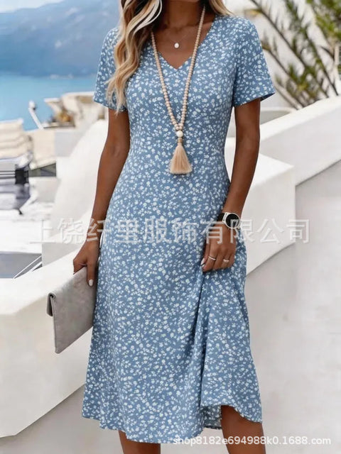Printed women's v-neck short-sleeved temperament fashion dress m303046