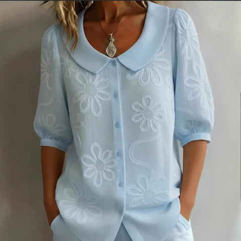 Loose Casual Vintage Button Embroidered Floral Medium Sleeve Shirt m302432