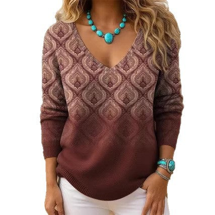 Shoulder V-neck Long Sleeve Pullover 3D Digital Printing Women's Top T-Shirt FF303430 02