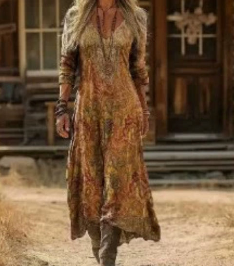 Women's loose V-neck fashion high-end long-sleeved printed collar dress m302766