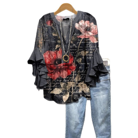 Digital printing casual trend V-neck lotus edge T-shirt women's m302725-1