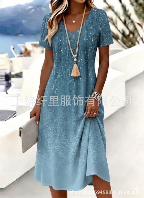 Printed women's v-neck short-sleeved temperament fashion dress m303046