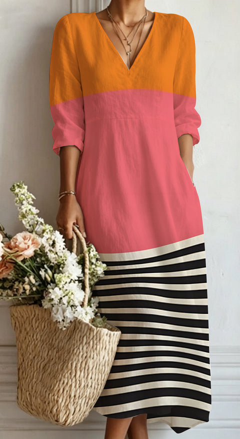 Women's loose V-neck fashion high-end long-sleeved printed collar dress m302766