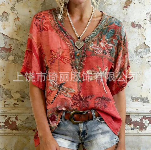 Imitation hemp V-neck shoulder-down short-sleeved top women's FF303345