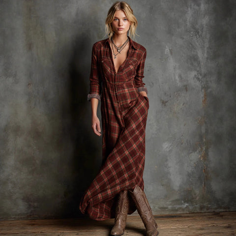 Temperament elegant long-sleeved plaid shirt skirt fashion plaid shirt collar dress m302504