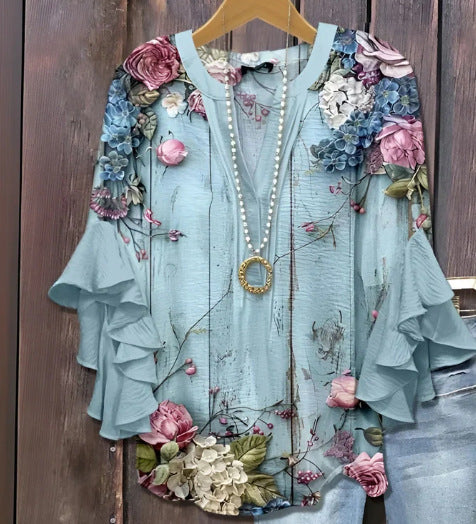 Creative floral element printing digital printing casual trend V-neck lotus edge T-shirt women's top m301778
