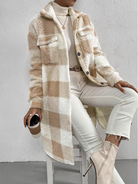 Offene Revers-Plüsch-Karojacke mit lockerem Temperament, Pendler-Langmantel für Damen m300360 