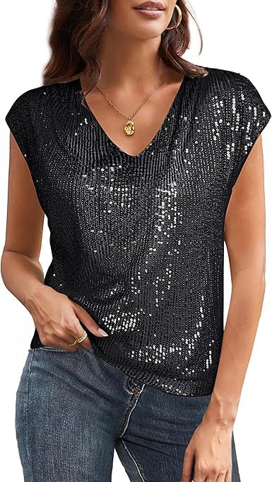 Ärmel Pailletten schlank V-Ausschnitt einfarbig Top T-Shirt Damen m300996 