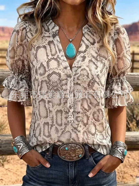 V-neck three-button top digital print horn-sleeved shirt FF303334